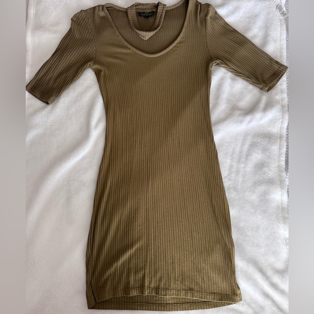 Topshop Olive Ribbed Midi Dress with Short Sleeves